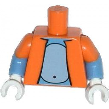 orange torso simpsons open jacket with light bluish gray stomach pattern medium blue arms with molded orange short sleeves pattern white hands