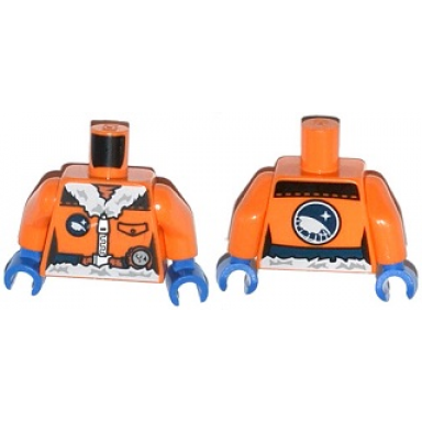orange torso female coat with arctic explorer logo pocket silver zipper and white fur collar and waistline dark blue belt pattern orange arms blue hands