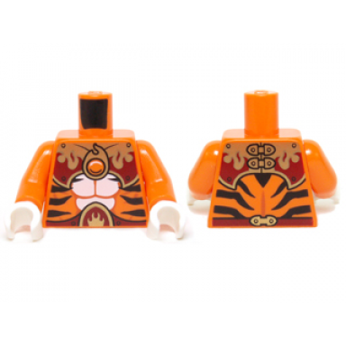 orange torso black tiger stripes dark red and gold armor and fire chi emblem pattern orange arms white hands