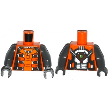 orange torso spacesuit with brown and orange straps and green light on reverse pattern dark bluish gray arms dark bluish gray hands