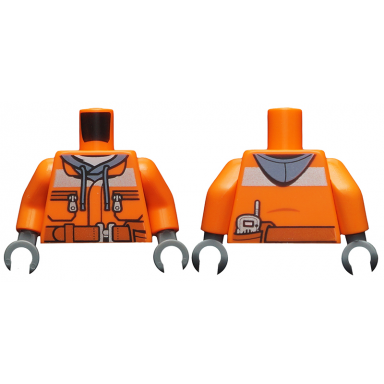orange torso construction jacket over sand blue hoodie reflective stripe zipper pockets dark orange belt with pouch and radio pattern orange arms dark bluish gray hands