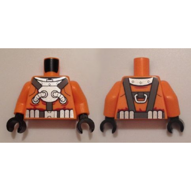 orange torso diving suit silver chest plate and hoses over dark bluish gray harness silver diving weights pattern orange arms black hands