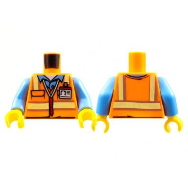 orange torso safety vest with reflective stripes over medium blue shirt id badge red pen around neck pattern medium blue arms yellow hands