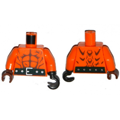 orange torso ninjago bare chest with muscles outline scars dark green belt on front and back pattern orange arms reddish brown hand right pearl dark gray hook left
