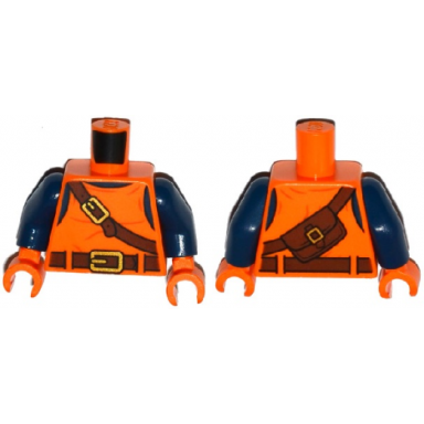orange torso top with belts bag on back pattern dark blue arms orange hands