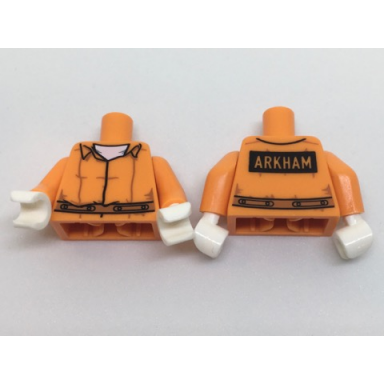 orange torso batman prisoner jumpsuit with belt white undershirt and arkham on back pattern orange arms white hands