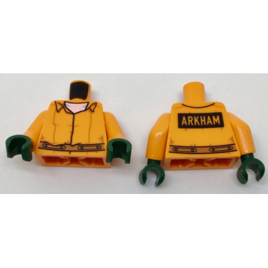 orange torso batman prisoner jumpsuit with belt white undershirt and arkham on back pattern orange arms dark green hands