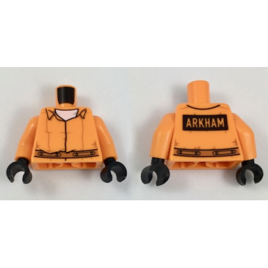 orange torso batman prisoner jumpsuit with belt white undershirt and arkham on back pattern orange arms black hands