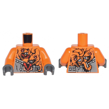 orange torso ninjago armor with rivets clock and 4 orange snakes with red eyes and white fangs pattern orange arms dark bluish gray hands