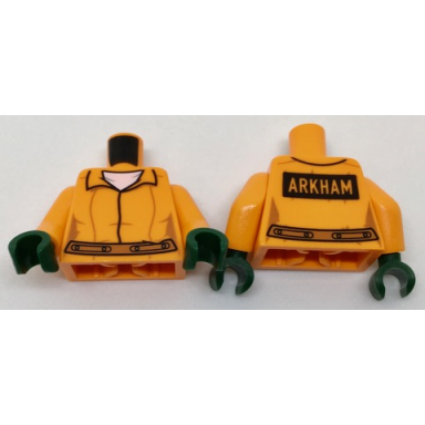 orange torso batman prisoner female jumpsuit with belt white undershirt and arkham on back pattern orange arms dark green hands