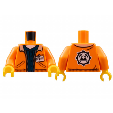orange torso town jacket with pockets over dark blue shirt with name tag and miners logo on back pattern orange arms yellow hands