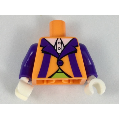 orange torso jacket with white collar dark purple lapels and stripes lime cummerbund pattern dark purple arms white hands