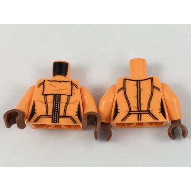 orange torso female with black panel lines and white zipper pattern orange arms reddish brown hands