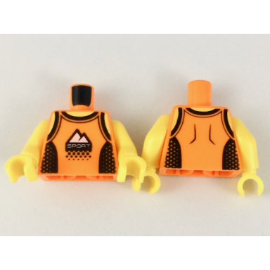 orange torso tank top with black straps and side panels sport logo with white mountains pattern yellow arms yellow hands