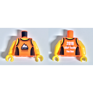 orange torso tank top with black straps and side panels white mountains and sport logo on front 2018 lego family fun run on back pattern yellow arms yellow hands