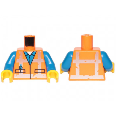 orange torso safety vest with reflective worn crossed stripes over blue shirt pattern blue arms yellow hands