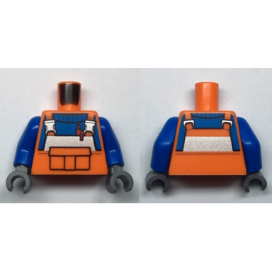 orange torso construction with reflective stripe and buckles front pouch and red pen blue shirt pattern blue arms dark bluish gray hands