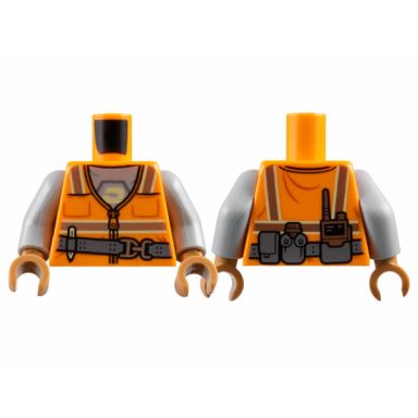 orange torso safety vest with zipper and silver and bright light yellow reflective stripes over light bluish gray shirt with blacktron logo dark bluish gray utility belt with buckle pencil pouch canteen and radio pattern light bluish gray arms medium nougat hands
