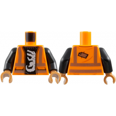orange torso safety vest with silver reflective stripes and black shirt with white alligator crocodile pattern black arms medium nougat hands