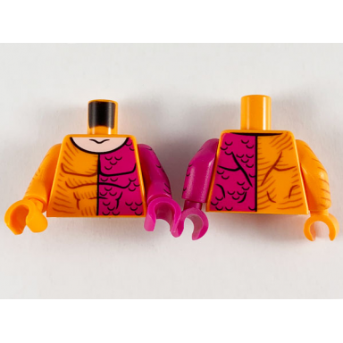 orange torso super hero muscles outline magenta left side with scales light nougat neck pattern magenta arm left with black scales pattern orange arm right with brown stripes pattern magenta hand left orange hand right