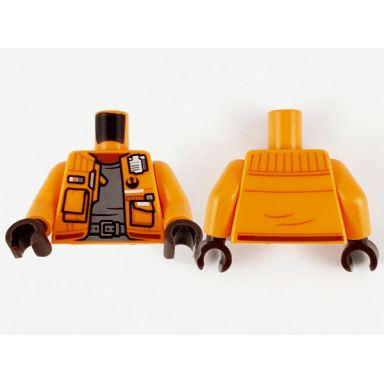 orange torso jacket with pockets and black sw rebel alliance symbol reddish brown neck dark bluish gray shirt and belt pattern orange arms dark brown hands