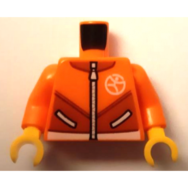 orange torso jacket with dark orange panels and collar and white pockets zipper waistband and play day physical logo pattern orange arms yellow hands