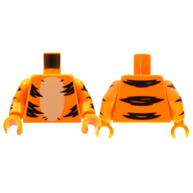 orange torso tan stomach black stripes pattern orange arms with 3 black stripes tiger pattern orange hands