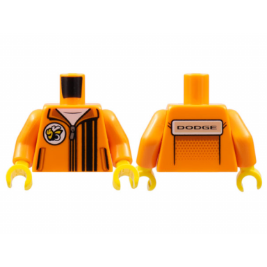 orange torso jacket over white shirt super bee logo zipper black stripes dodge on back pattern orange arms yellow hands