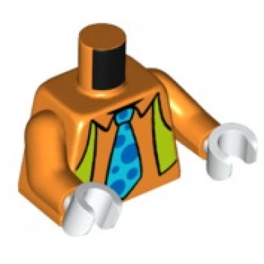 orange torso shirt lime open vest and medium azure tie with blue polka dots pattern orange arms white hands