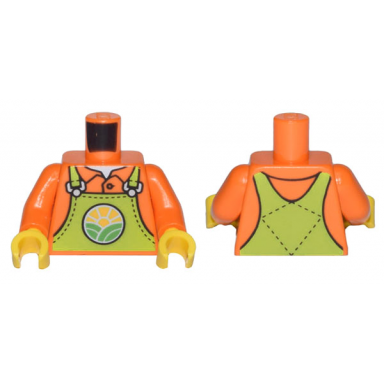 orange torso lime overalls with bright green hills and yellow sun over shirt with collar pattern orange arms yellow hands