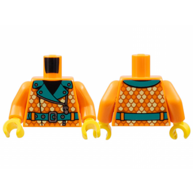 orange torso coat with dark turquoise lapels and belt silver studs zipper and buckle tan scales pattern orange arms yellow hands