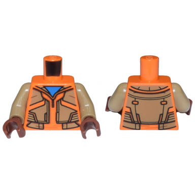orange torso jacket with dark tan panels over dark azure shirt pattern dark tan arms reddish brown hands