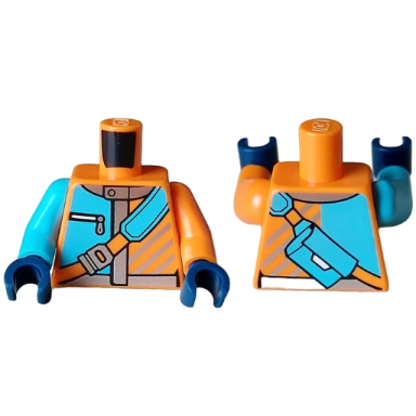 orange torso jacket with silver collar trim and diagonal stripes pocket with zipper medium azure shoulder bag pattern orange arm left medium azure arm right dark blue hands