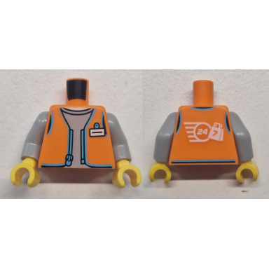 orange torso vest open with medium azure zipper and trim over light bluish gray shirt white name badge 24 7 logo on back pattern light bluish gray arms yellow hands