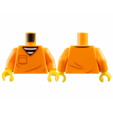 orange torso prison jumpsuit top with dark orange pocket and wrinkles over black and white striped undershirt pattern orange arms yellow hands