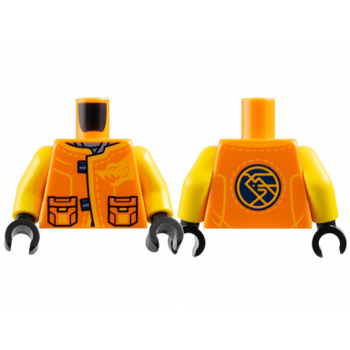 orange torso tang jacket with pockets and bright light orange dragon head and trim over sand blue shirt dark blue circle with ninjago logogram arin on back pattern yellow arms black hands