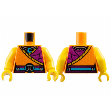 orange torso tunic bright light orange scales magenta panel with silver dots necklace and hourglass medium azure pendant and belt pattern yellow arms yellow hands