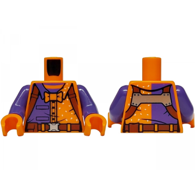 orange torso jacket dark purple panel with pockets over striped shirt reddish brown straps pouch and belt with silver buckle bow tie and tan sesame seeds pattern dark purple arms orange hands