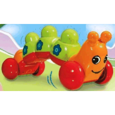orange primo vehicle caterpillar with red wheels and blue flowers pattern