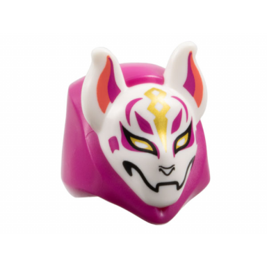 magenta minifigure headgear hood with molded white kitsune fox mask and printed coral and magenta auricles gold eyes and trim black nose and mouth pattern