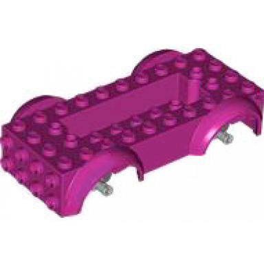 magenta vehicle base 5 x 10 x 2 1 2 with mudguards and 6 x 2 recessed center with 3 holes with light bluish gray wheels holders attached