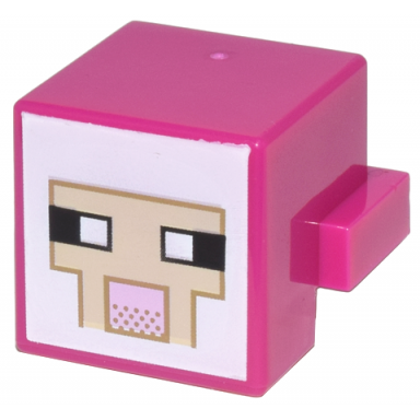 magenta creature head pixelated with black and white eyes bright pink nose tan face with dark tan outline on white background pattern minecraft sheep