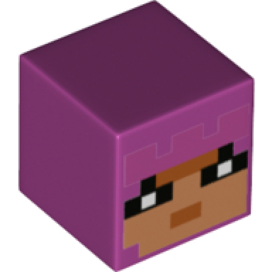 magenta minifigure head modified cube with pixelated nougat face black eyes and eyelashes dark orange mouth and dark pink hair pattern minecraft hedwig