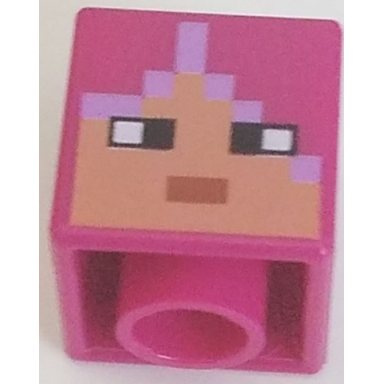 magenta minifigure head modified cube with pixelated nougat face black eyes medium nougat mouth and lavender hair pattern minecraft huntress