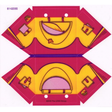 magenta plastic tent with dark purple ridge line and bright light orange friends flap and butterfly pattern