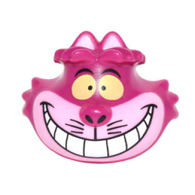 magenta minifigure head modified cheshire cat with wide grin bright light pink muzzle and yellow eyes pattern