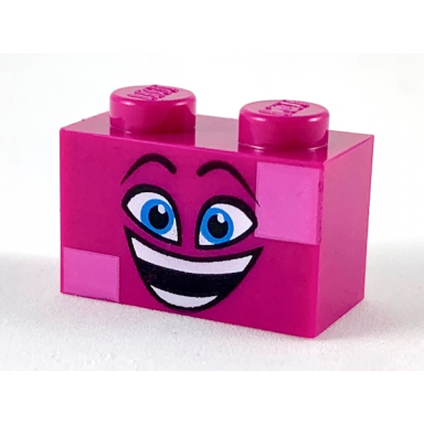 magenta brick 1 x 2 with black raised eyebrows dark azure eyes open mouth smile with teeth and dark pink squares pattern queen watevra wanabi face