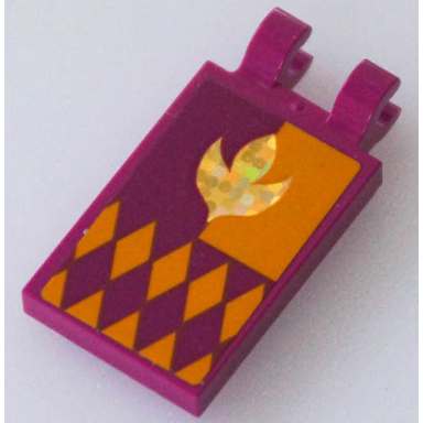 magenta tile modified 2 x 3 with 2 open o clips with flag with holographic arendelle crest flower and bright light orange diamonds pattern sticker - set 41167