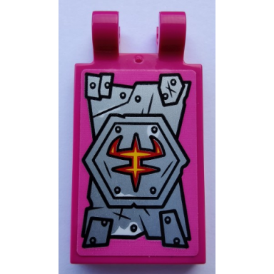 magenta tile modified 2 x 3 with 2 open o clips with silver armor plates and rivets pattern sticker - set 80012