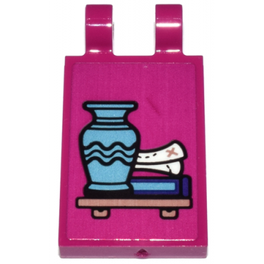 magenta tile modified 2 x 3 with 2 open o clips with copper shelf medium azure vase and white scroll map pattern sticker - set 43213